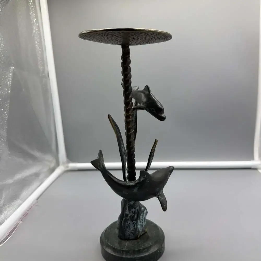 Vintage SPI Gallery Bronze Dolphin‎ Candle Holder on Marble Base